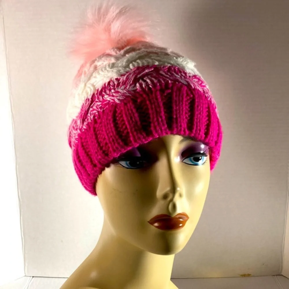Girls Wonder Nation Pink Fleece Lined Knit Faux Fur Pom Hat